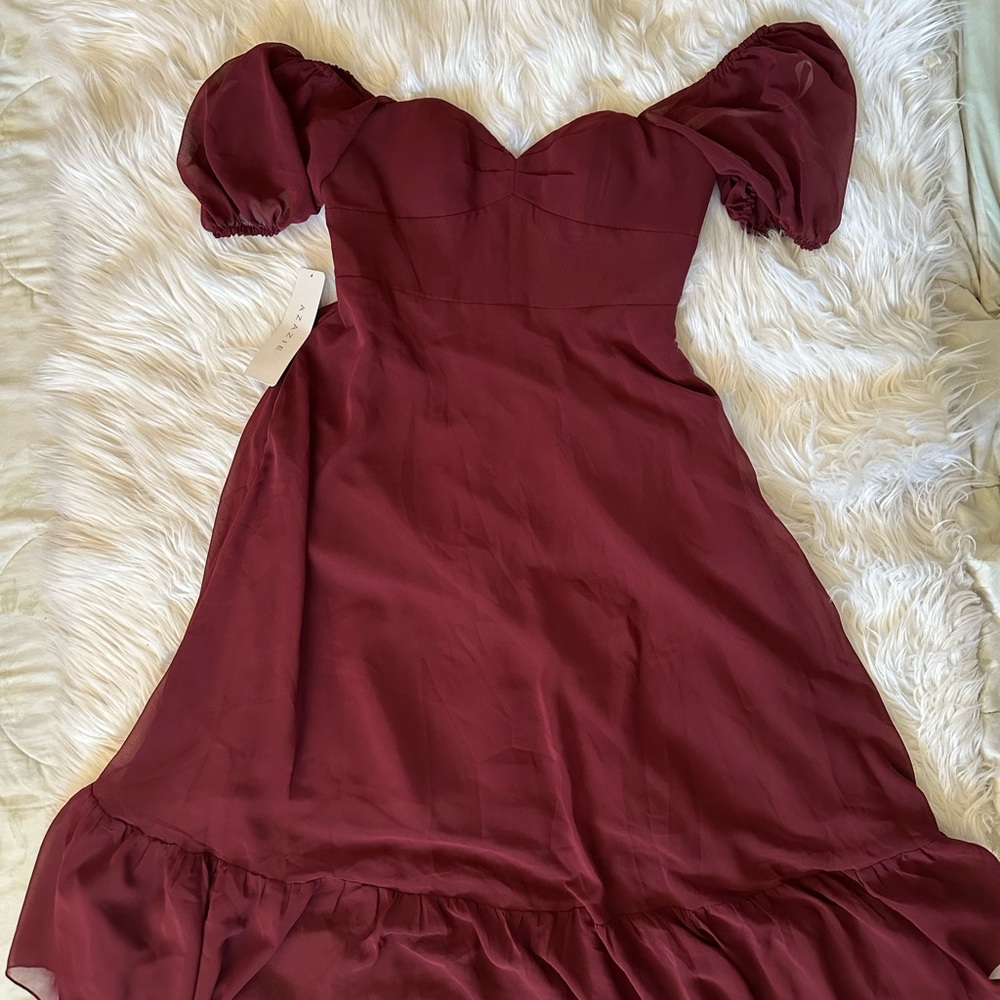 Azazie Baby Cabernet Midi Bridesmaid Dress Puff Sleeves Sweetheart Neck Size 6 - Picture 8 of 11